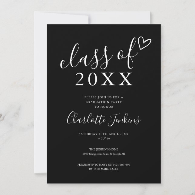 Invitación Black White Class of Script Heart Graduation Party (Anverso)