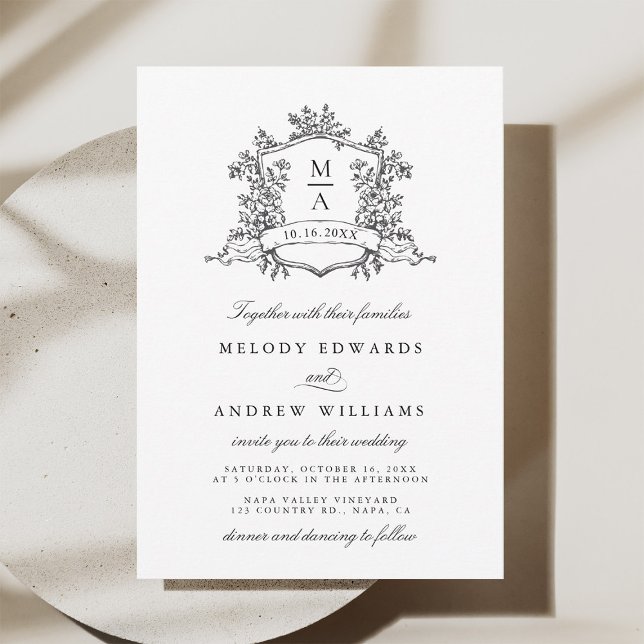 Invitación Black & White Classic Floral Crest Wedding (Subido por el creador)