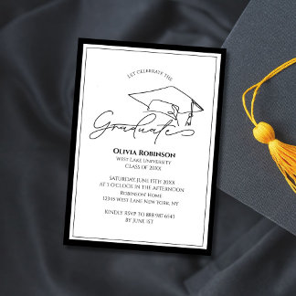 Invitación Black White Classic Graduation cap typography
