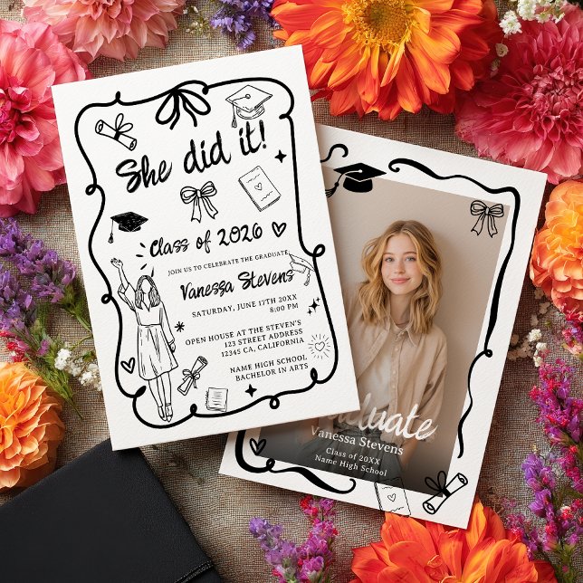 Invitación Black White Coquette Doodles photo graduation (Black White Coquette Doodles photo graduation Invitation)