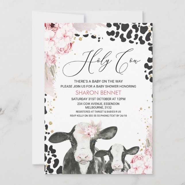 Invitación Black White Cow Calf Boho Floral Baby Shower (Anverso)