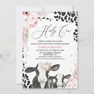 Invitación Black White Cow Calf Boho Floral Baby Shower