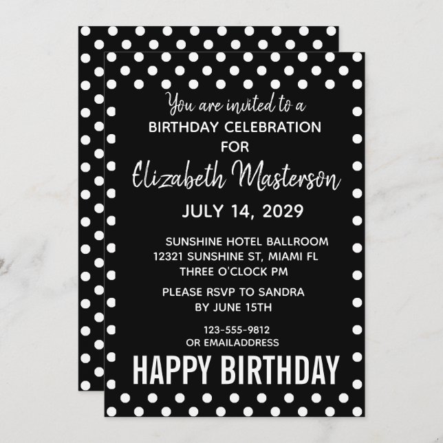 Invitación Black White Dots Happy Birday Pattern (Anverso / Reverso)