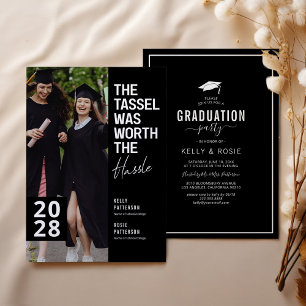Invitación Black & White Double Graduation Photo Party