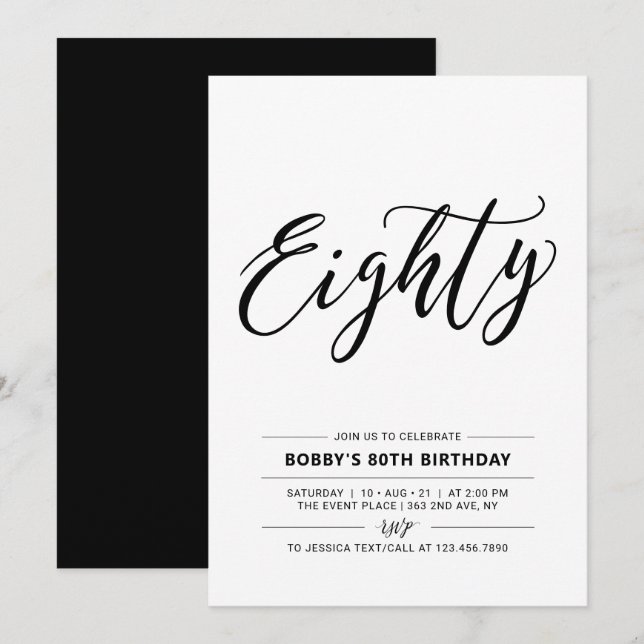 Invitación Black & White Eighty cumpleaños minimalista (Anverso / Reverso)