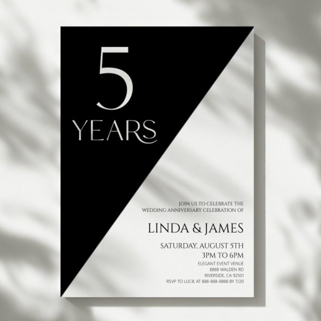 Invitación Black White Elegant 5th Wedding Anniversary (Subido por el creador)