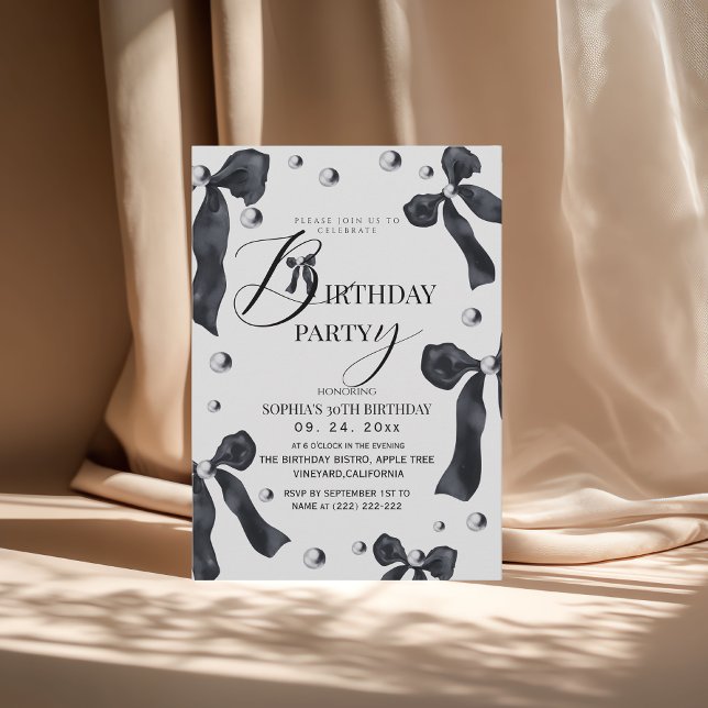 Invitación Black & White Elegant Bow Birthday Party  (Subido por el creador)