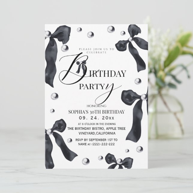 Invitación Black & White Elegant Bow Birthday Party  (Anverso de pie)