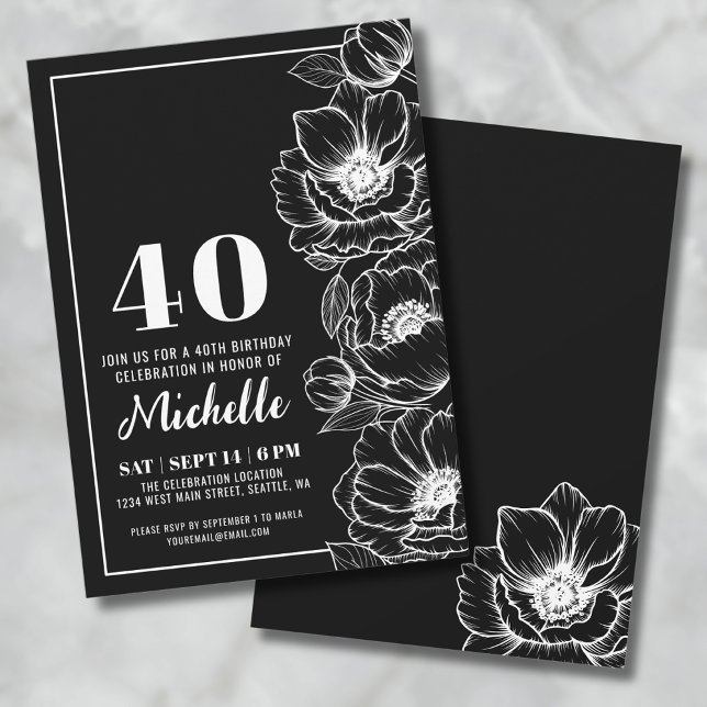 Invitación Black White Elegant Floral 40 cumpleaños (Elegant Floral Black And White 40th Birthday Invitation)