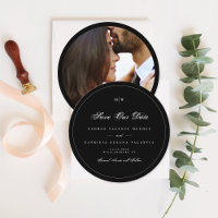 Black White Elegant Round Photo Save The Date
