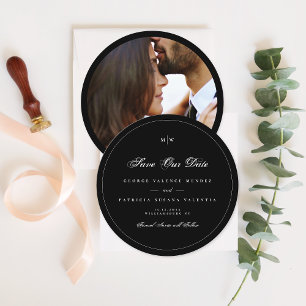 Invitación Black White Elegant Round Photo Save The Date