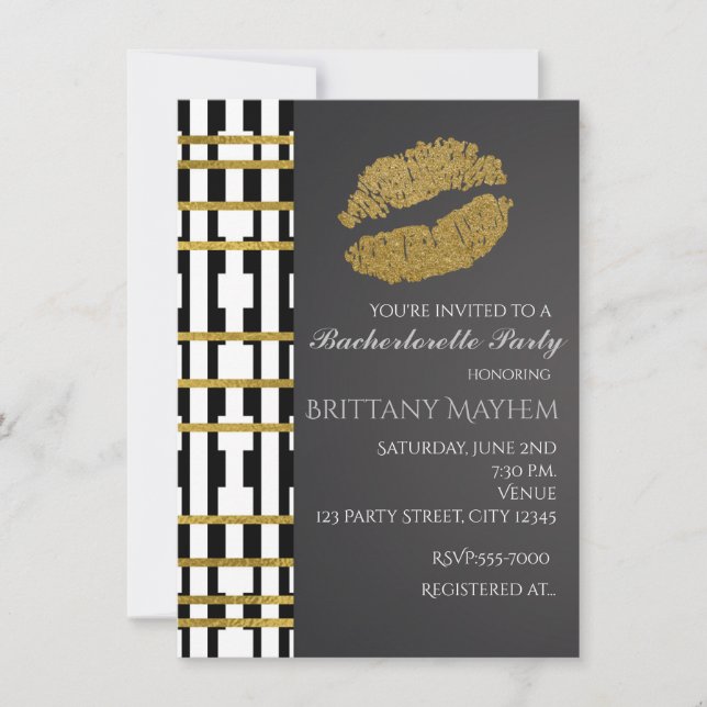 Invitación Black White & Faux Gold Beauty Lips Kiss Fiesta (Anverso)