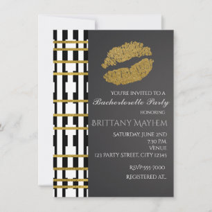 Invitación Black White & Faux Gold Beauty Lips Kiss Fiesta