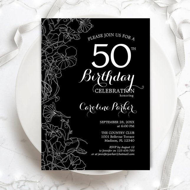 Invitación Black White Floral 50th Birthday Party (Subido por el creador)
