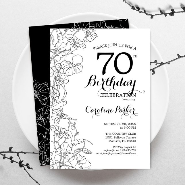 Invitación Black White Floral 70th Birthday Party (Subido por el creador)