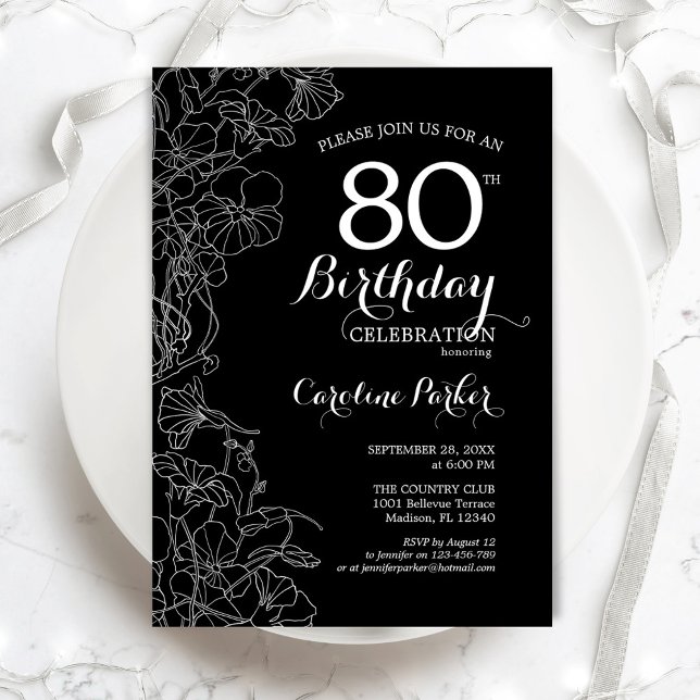 Invitación Black White Floral 80 cumpleaños (Subido por el creador)