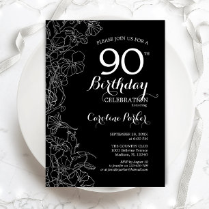 Invitación Black White Floral 90 cumpleaños