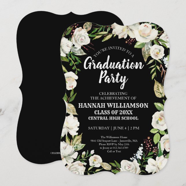 Invitación Black White Floral Class of 2021Partido de Graduac (Anverso / Reverso)