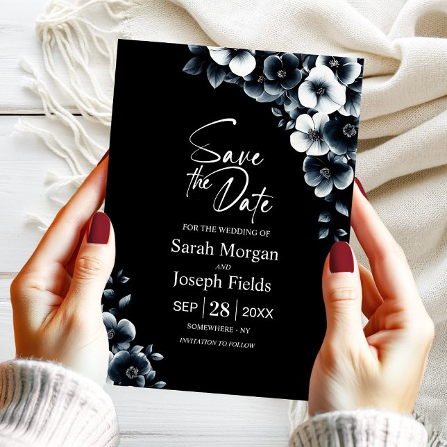 Invitación Black White Floral Save the Date (Subido por el creador)