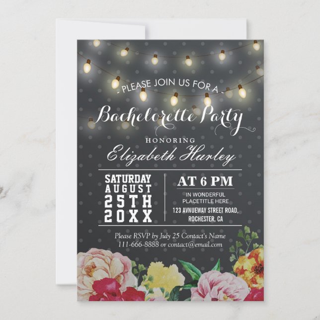 Invitación Black White Floral String Light Bachelorette Party (Anverso)