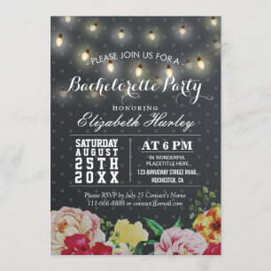 Invitación Black White Floral String Light Bachelorette Party