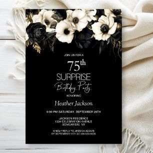 Invitación Black White Floral Surprise Fiesta de cumpleaños 7