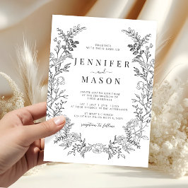 Invitación Black white floral wreath boho wedding invitation
