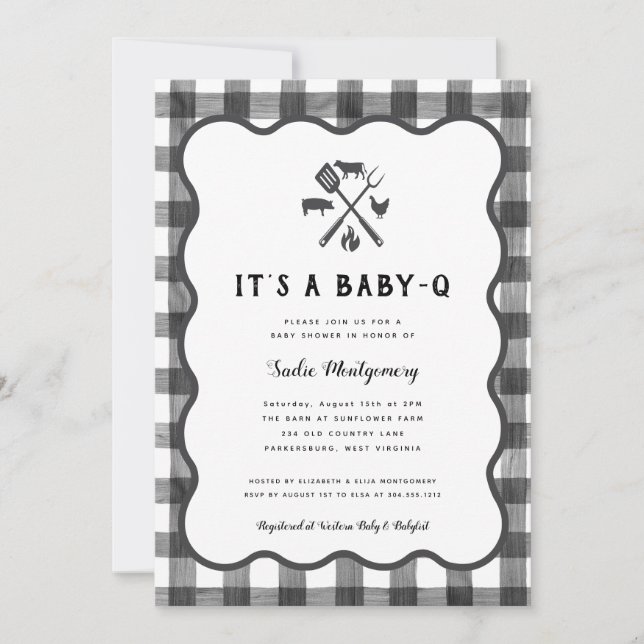 Invitación Black White Gingham Plaid Baby Q Baby Shower (Anverso)