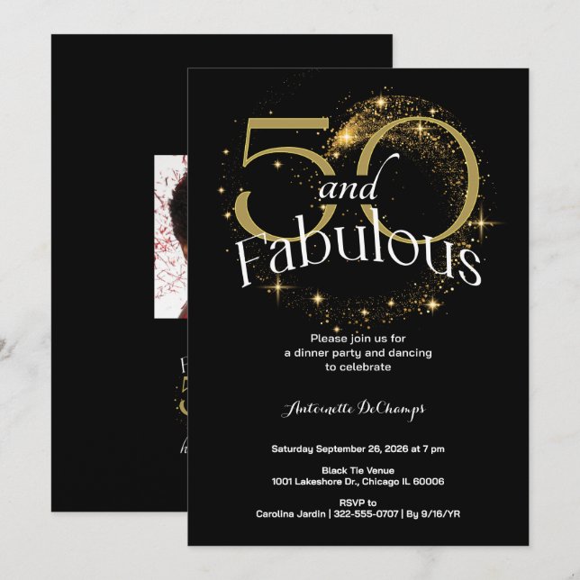Invitación Black White Gold 50 y fabulosa fiesta de cumpleaño (Anverso / Reverso)