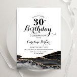 Invitación Black White Gold Agate 30 cumpleaños<br><div class="desc">Invitación a la fiesta de cumpleaños número 30 del blanco negro y el oro. Elegante diseño moderno con fondo geodésico de mármol agate acuarela, oro falso purpurina y tipografía de escritura. La carta de invitación de moda es perfecta para una elegante celebración del cumpleaños de las mujeres. Invitaciones Zazzle impresas...</div>