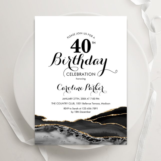 Invitación Black White Gold Agate 40 cumpleaños (Subido por el creador)