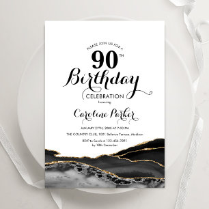 Invitación Black White Gold Agate 90 cumpleaños