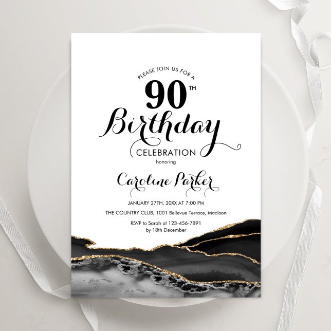 Invitación Black White Gold Agate 90 cumpleaños (Subido por el creador)