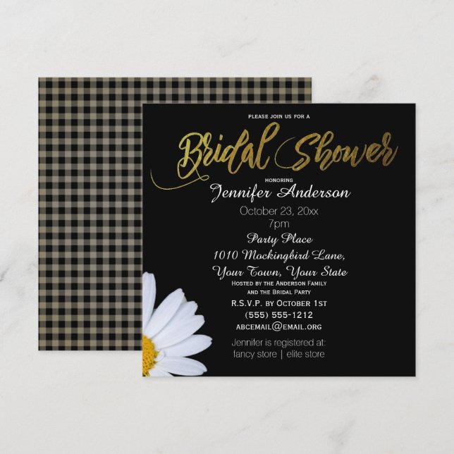 Invitación Black White Gold Daisy Theme Bridal Shower (Anverso / Reverso)
