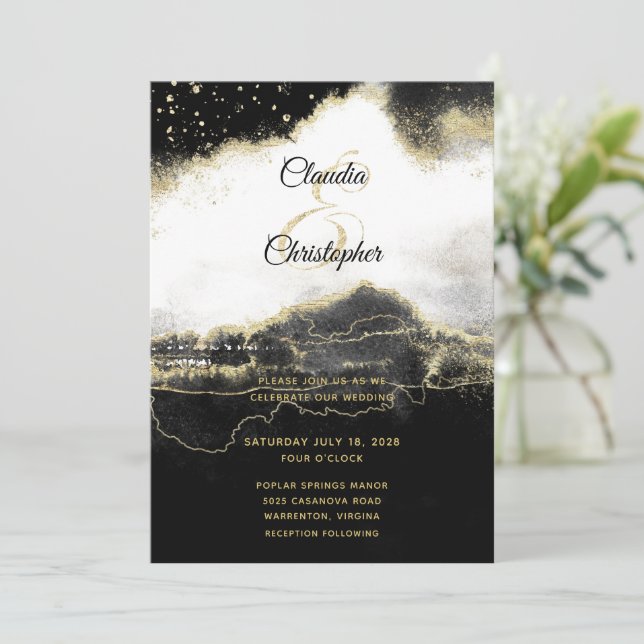 Invitación Black White & Gold Modern Elegant Wedding (Anverso de pie)