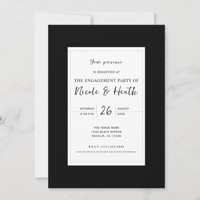 Invitación Black White Gold Modern Minimal Elegant Engagement (Anverso)