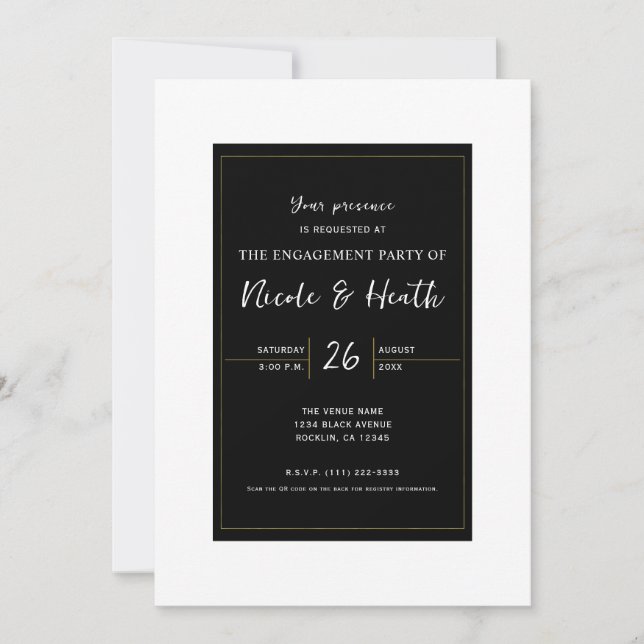 Invitación Black White Gold Modern Minimal Elegant Engagement (Anverso)