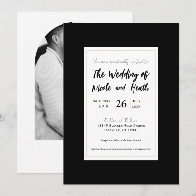 Invitación Black White Gold Modern Minimal Elegant Wedding (Anverso / Reverso)