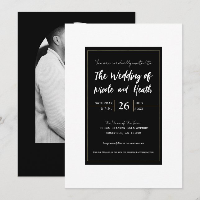 Invitación Black White Gold Modern Minimal Elegant Wedding (Anverso / Reverso)
