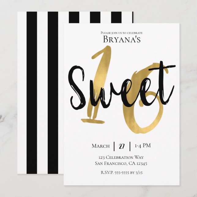 Invitación Black White Gold Modern Sweet 16 Birthday Party (Anverso / Reverso)
