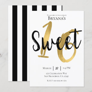 Invitación Black White Gold Modern Sweet 16 Birthday Party