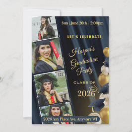 Invitación Black White & Gold Photo Graduation Party Invite