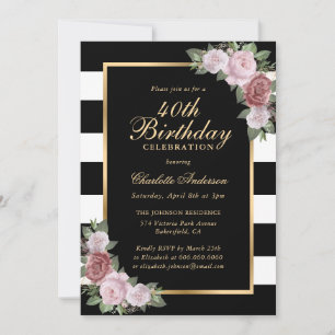 Invitación Black White Gold Rubor Floral rosa 40 cumpleaños