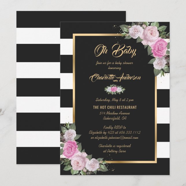 Invitación Black White Gold Rubor Pink Floral Baby Shower (Anverso / Reverso)
