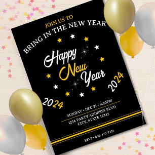 Invitación Black White & Gold Star Feliz Año Nuevo 2024