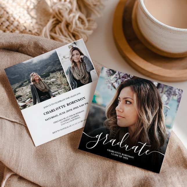 Invitación Black white graduate script photo graduation (Black white graduate script photo graduation invitation)