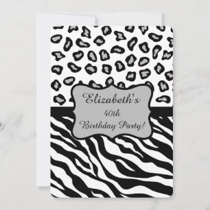 Invitación Black White Gray Zebra Leopard Skin 40 cumpleaños