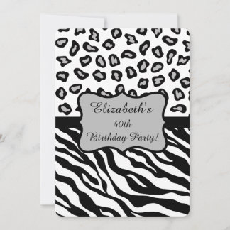 Invitación Black White Gray Zebra Leopard Skin 40 cumpleaños