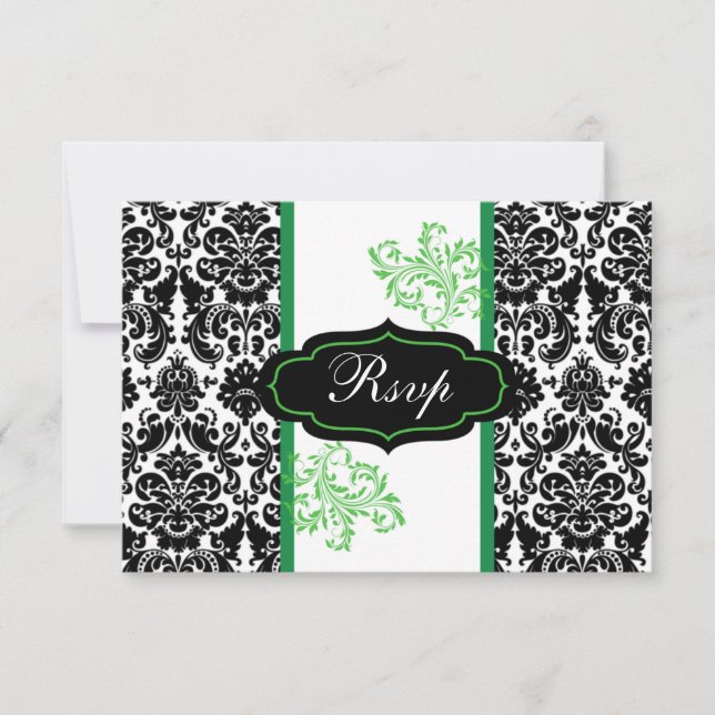 Invitación Black, White, Green Damask Scroll Wedding RSVP (Anverso)