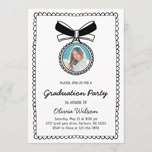 Invitación Black & White Hand Drawn Bow Graduation Party (Anverso)